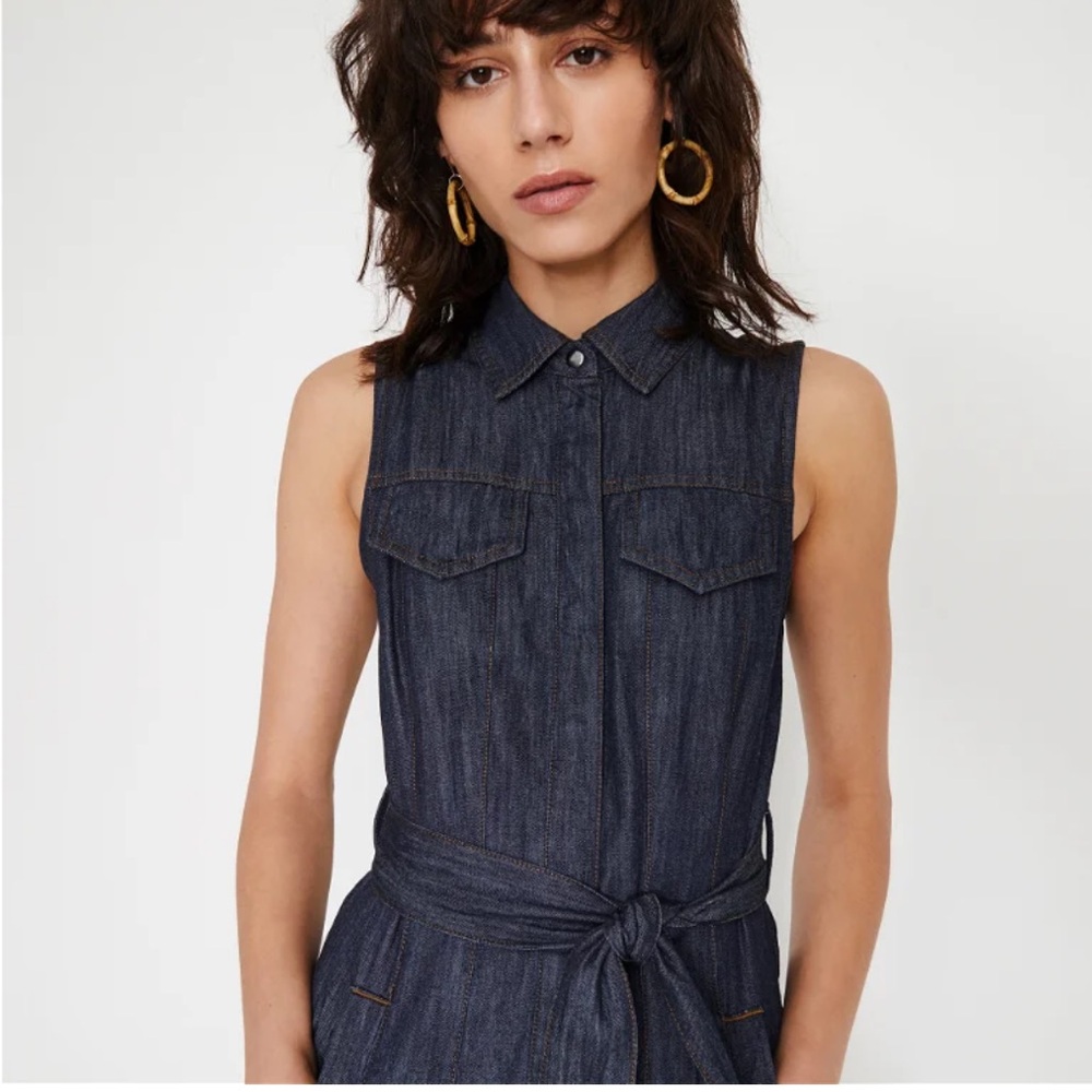 Warehouse Denim Mini Dress Sleeveless Tie Waist Pockets Dark Wash Size 6 Small - Picture 2 of 10